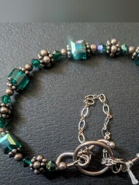 Swarovski Green Crystal Cube Sterling Silver Toggle Bracelet Handmade Artisan
